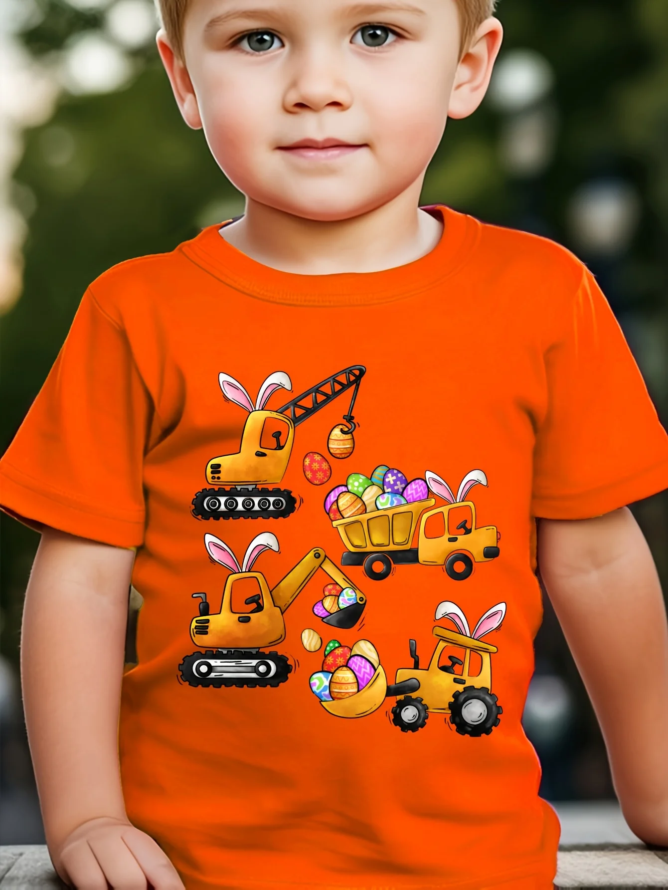 Boys and Girls Easter Cartoon Rabbit Ear Excavator Pattern Children's Short Sleeved Casual Creative Trend Parent-child T-shirt