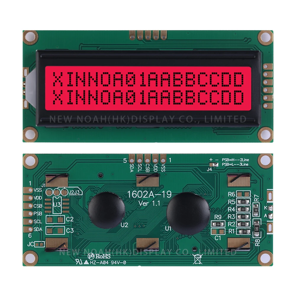 Red Light Black Letters 1602A-19 Character LCD Display Screen 2X16 LCD Double Row Interface Module IIC, I2C Serial Port Screen