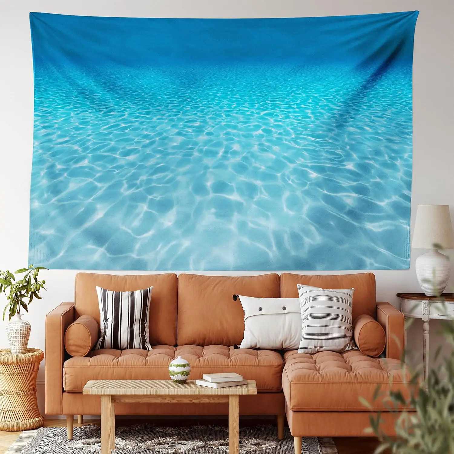 Tropical Underwater Ocean Sunlight Tapestry Blue Wave Pattern Wall Hanging Boho Beach Decor for Bedroom Bathroom Living Room Hom