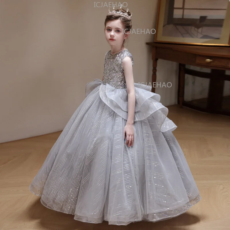 2026 Kids Gray Sleeveless Sequin Host Elegant EveningPageant Clothes Gown Children Girls Princess Dress Piano Performance