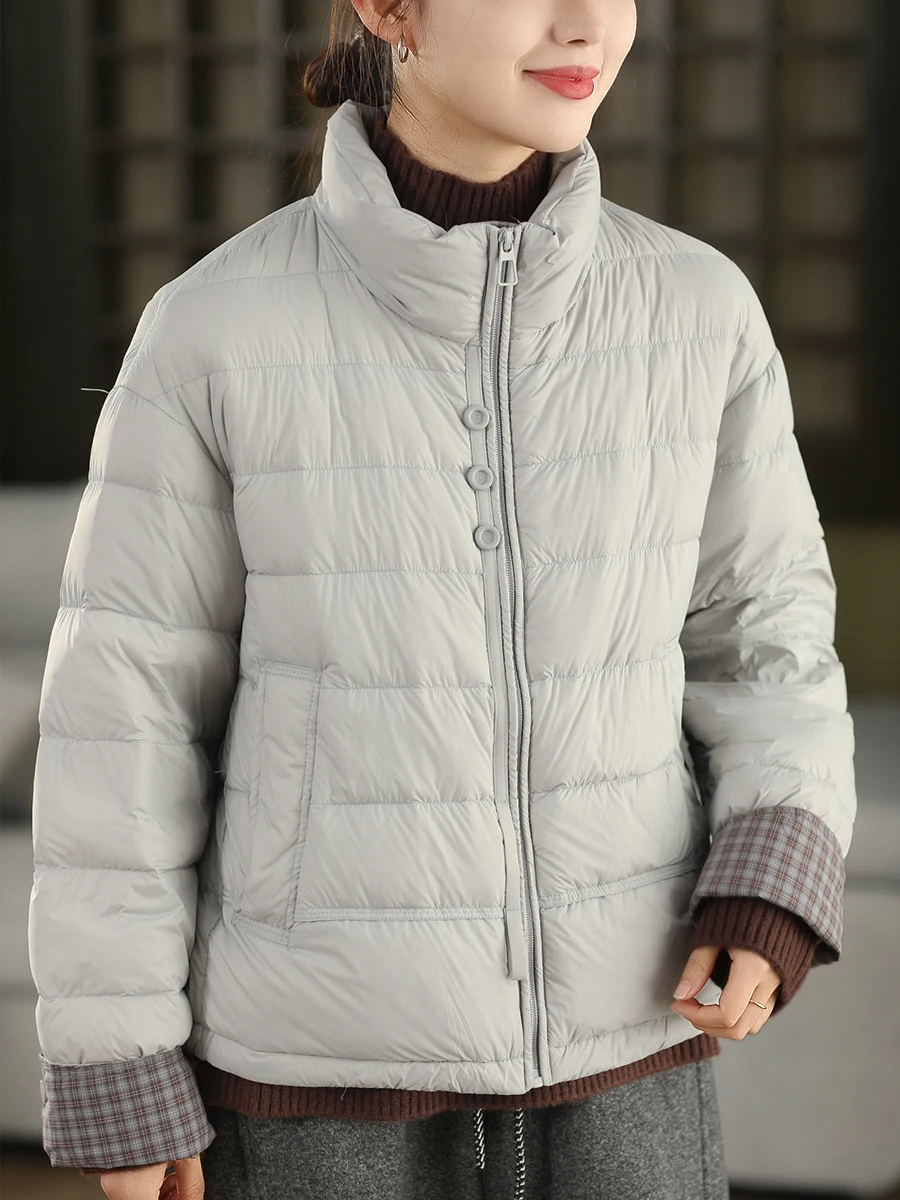 

Thiened White Du down Winter Jaet Women's Warm Windproof Stand Collar Dstring Coat Retro Sle Plaid Pattern Long Sl...