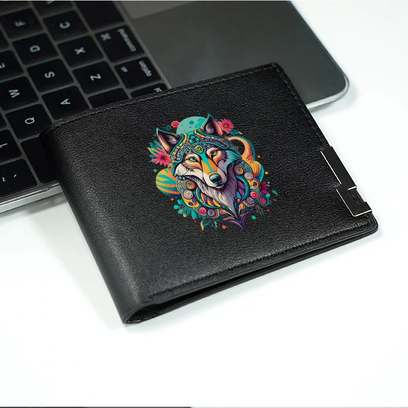 Cartera de cuero PU con diseño artístico de lobo, cartera compacta minimalista para hombre, ligera y duradera, accesorio de moda para negocios diarios