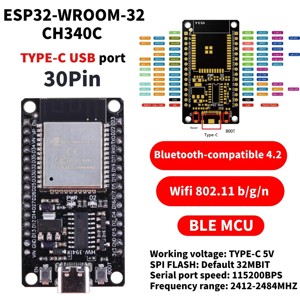 ESP32 WROOM-32 Development Board WiFi+Bluetooth-compatible Ultra-Low Power Consumption Dual Core TYPE-C ESP-32 Development Modul