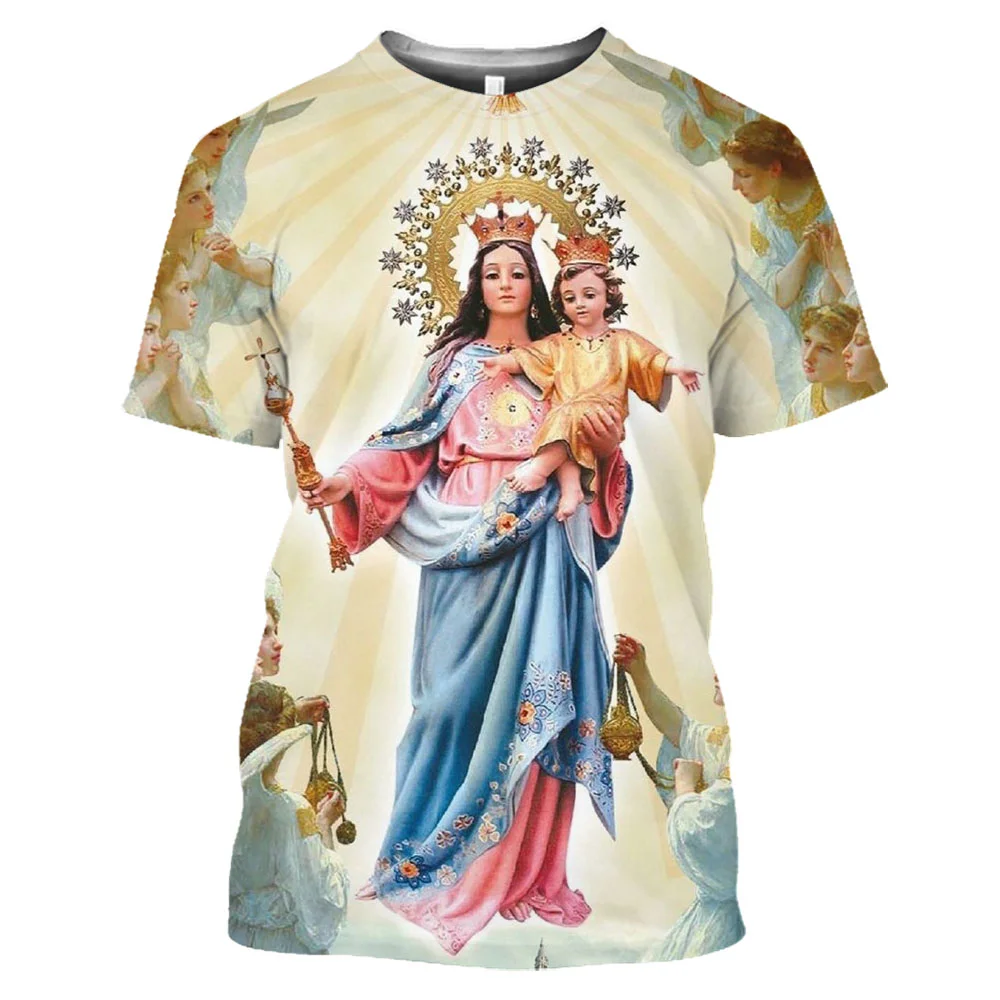 Fashion T-Shirt for Women 3D Print Catholic Virgin Mary Pattern Round Neck Short Sleeve Tees Y2k Casual Retro Streetwear Tops