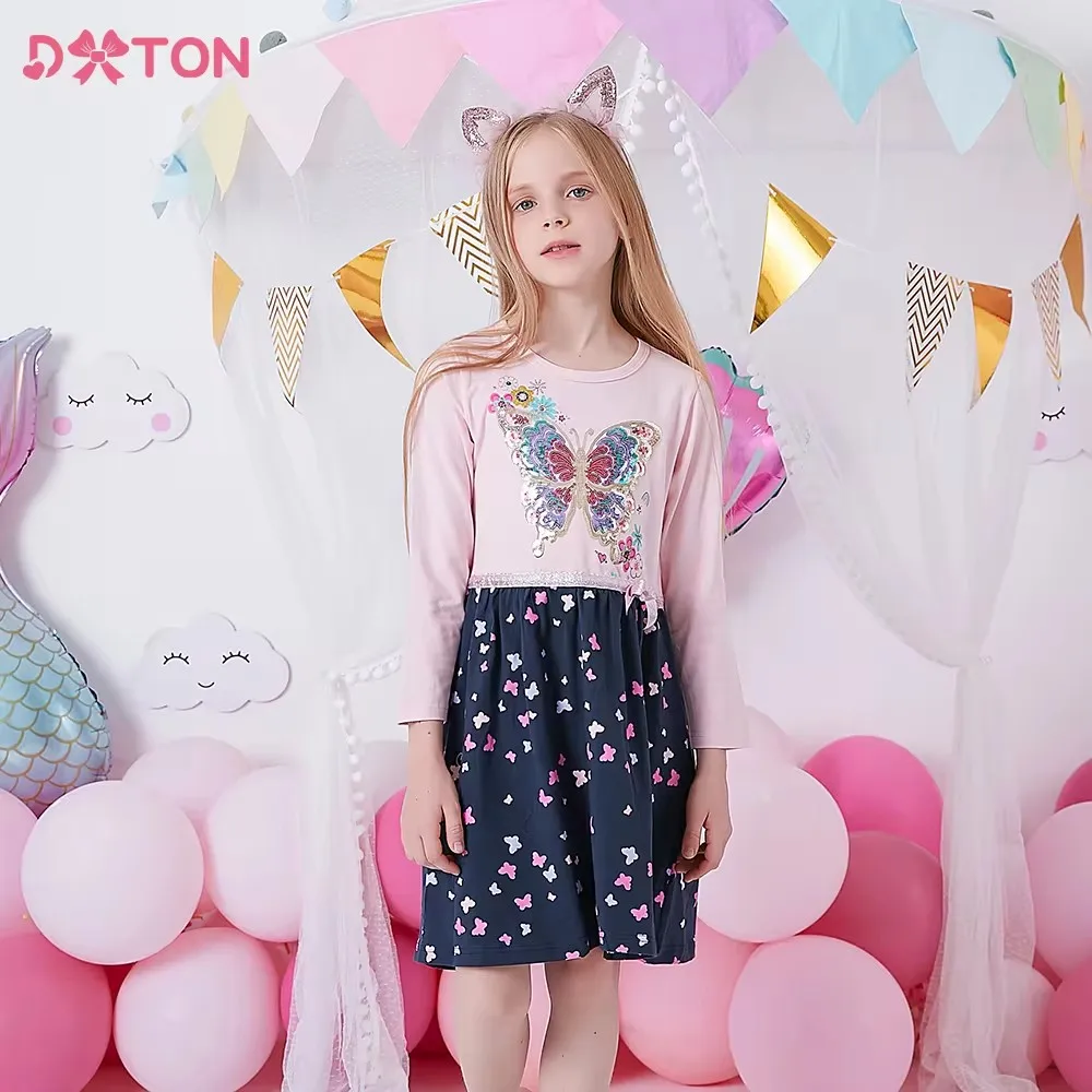 DXTON Kids Dress Butterfly Sequins Cartoon Print Girl Dresses Spring Long Sleeve Cotton Toddler Dress Children Casual Clothing