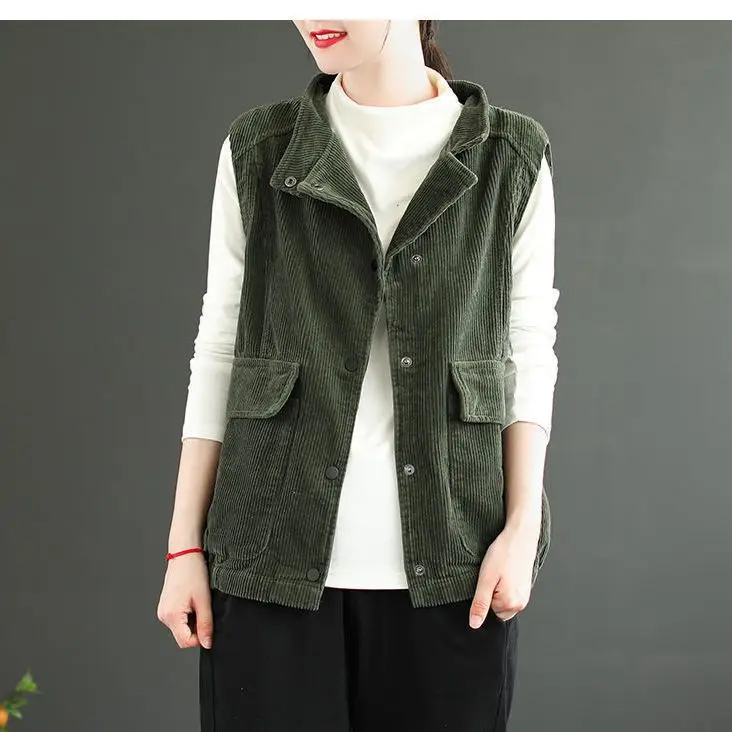 Retro Stand Collar Corduroy Vest Autumn Winter New Women's Solid Color Pockets Sleeveless Covered Button Versatile Cardigan Tops