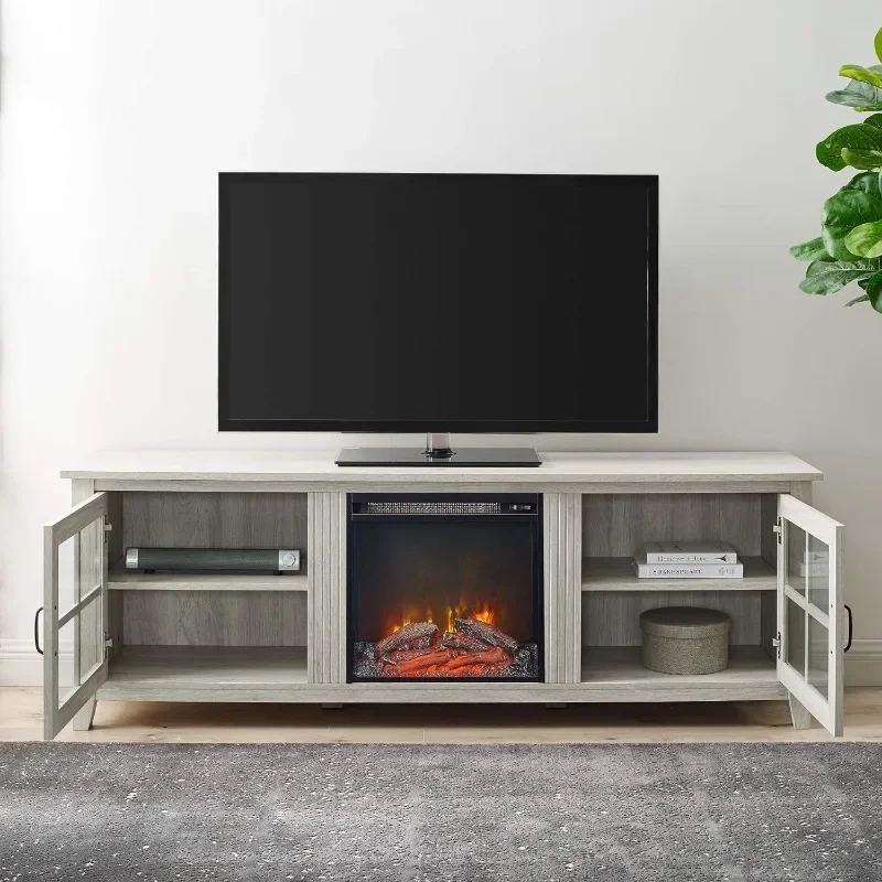 Porta de vidro clássica TV Stand para TVs, 2 portas, até 80 polegadas, 70 polegadas