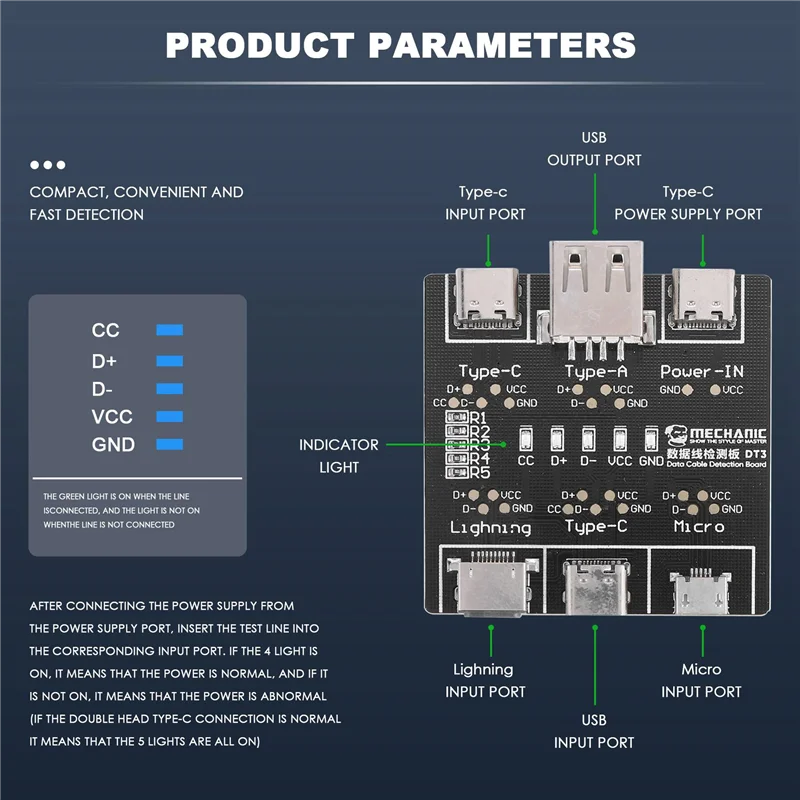 

Плата обнаружения кабеля передачи данных DT3, тестер USB-кабеля для IOS Android Type-C, инструмент для тестирования короткого замыкания и выключения