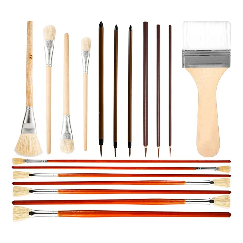 New-A47Q-18Pcs Pottery Glaze Brushes, Wood Long Handle Artist Fan Paint Ceramic Brushes Set For Acrylic Oil Painting Pottery