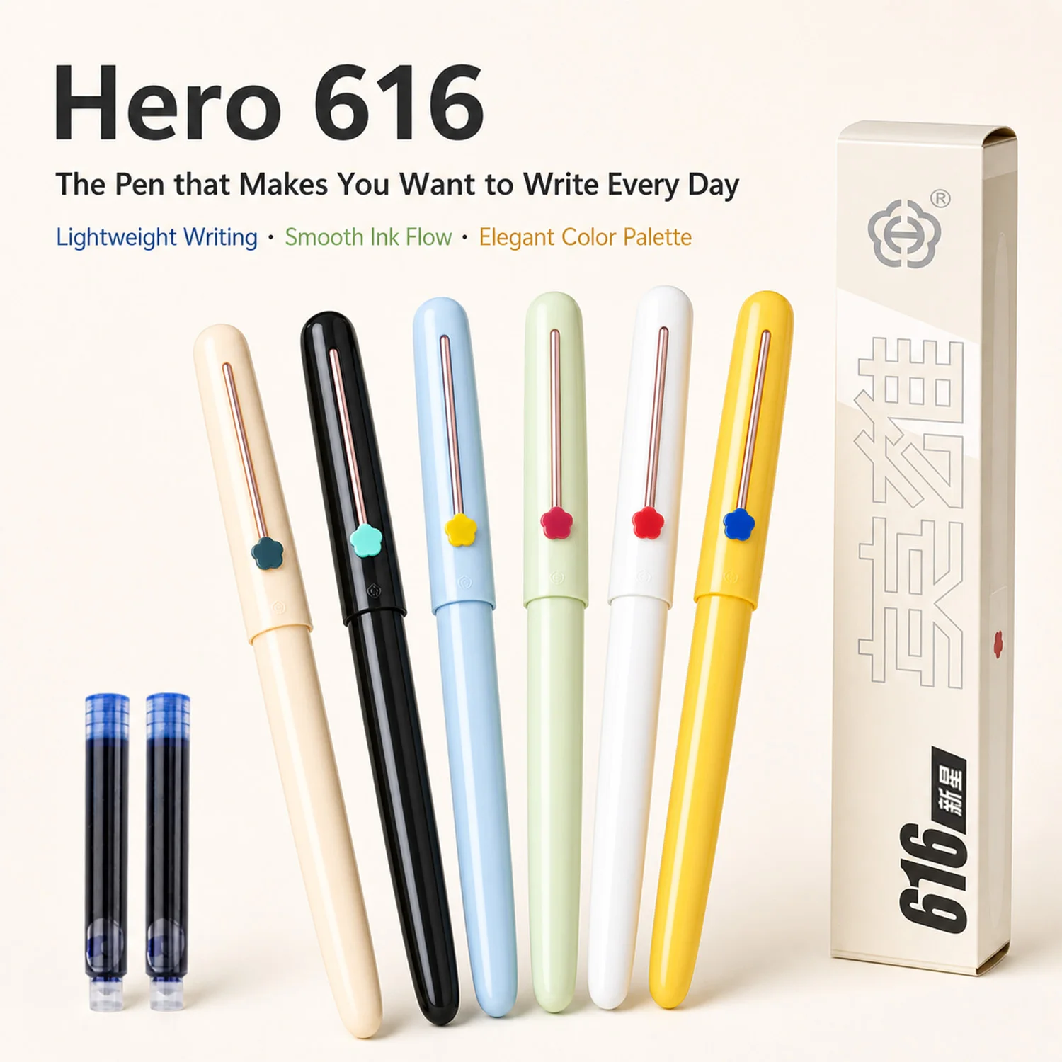 6Pcs Hero 616 Nova Hooded Iridium Fountain Pen Bulk Pack EF 0.38mm, Each Pen Equipped with Rotary Ink Converter & 2 Ink Cartridges, Macaron Colors Correct Grip Pen for Students Writing Stationery Wholesale