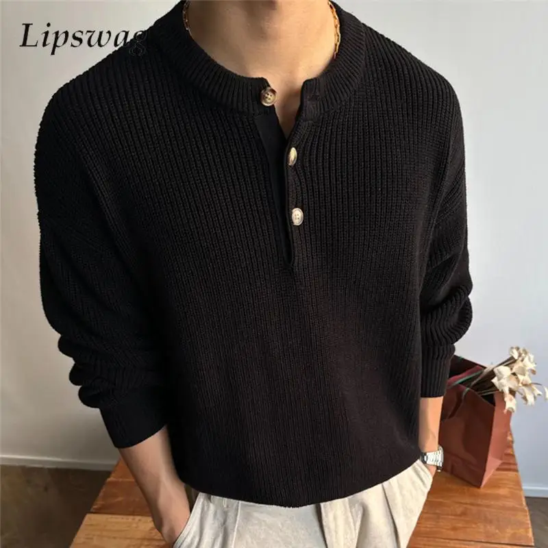 Vintage Henley Collar Sweaters Mens Casual Solid Color Long Sleeve Buttoned Knitted Jumpers Men 2025 Spring Fall Fashion Sweater