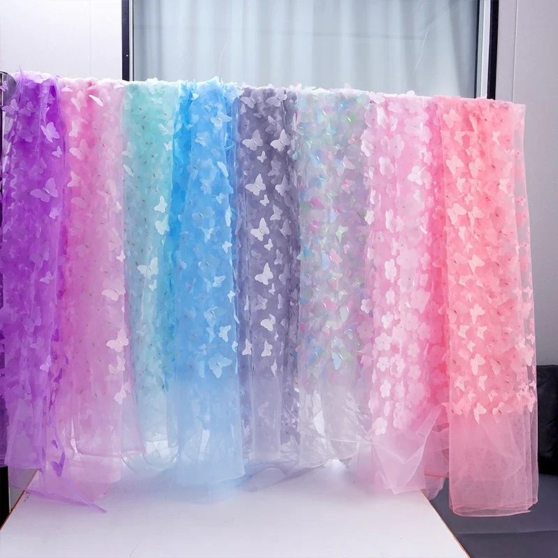 3D Embroidered Butterfly Mesh Fabric Rainbow Gradient Handmade Tulle For Stage Costume Wedding Decoration DIY Dress Craft