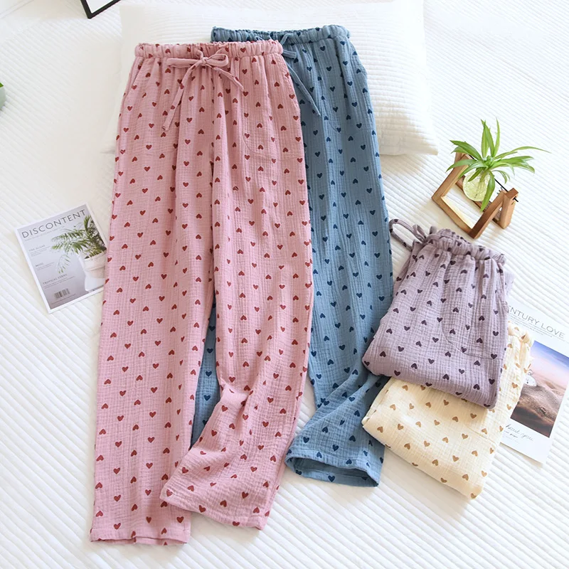 Heart Print Sleep Bottoms Women Spring High Elastic Waist Lace-up Sweet Loose Lovely All-match Home Comfortable Daily Cozy Slim