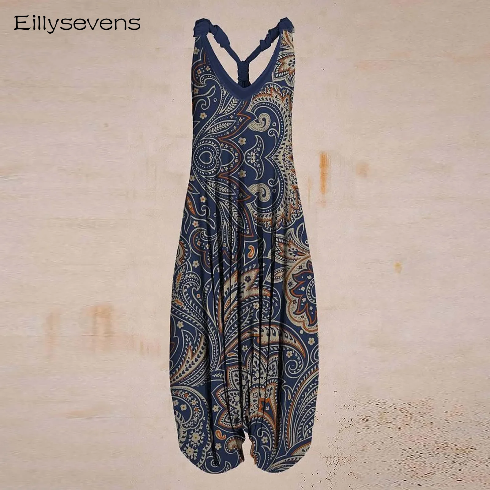 Wide Leg Bohemian Loose Overall Jumpsuit Ethnic Vintage Paisley Floral Printing Women Rompers Backless Harem Bloomers Playsuit