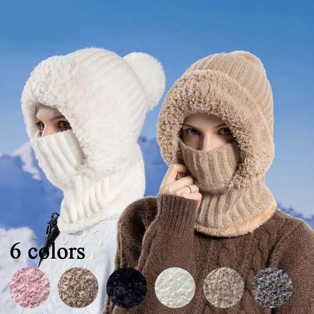 Casual Winter Warm Fleece Lined Knit Hat Plush Thermal Cashmere Fur Beanies Cap Windproof Neck Warm Integrated Pullover Hat