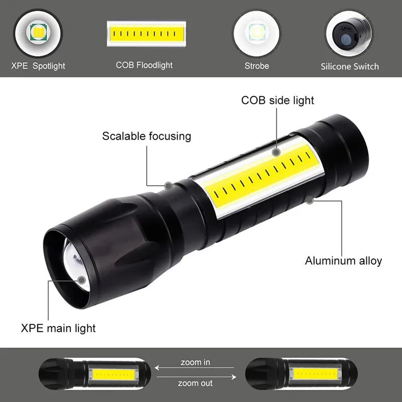 LED Zoomable Power Flashlight Chargeable XPE + COB Lamp High Lumen Glare Flashing Light Outdoor 2000 Lumens Lantern Night Light