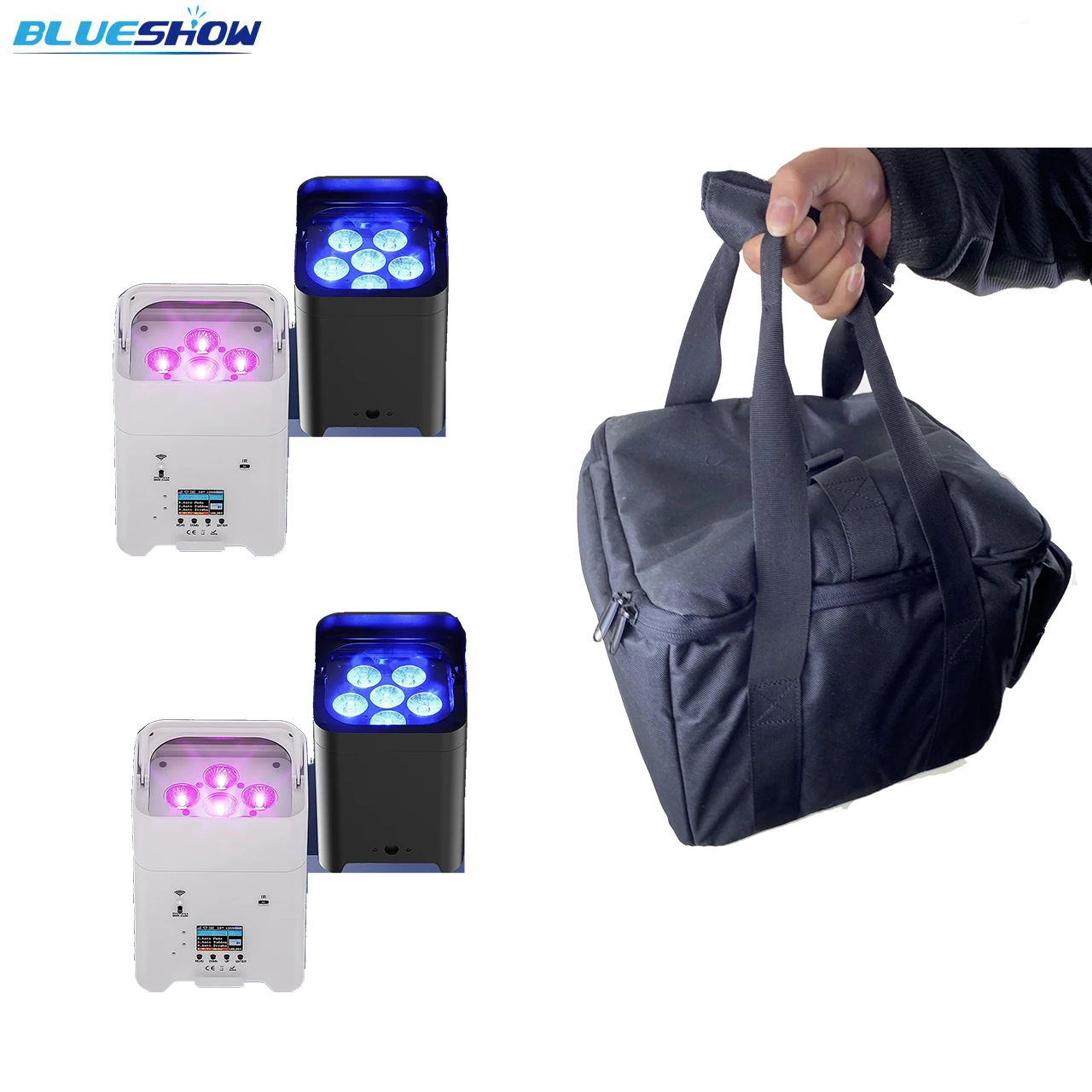 Lot de 4 projecteurs PAR sans fil sur batterie avec flight case, 6x18W RGBWAUV 6-en-1, t�l�commande, Wi-Fi, DMX, �clairage de sc�ne LED portable