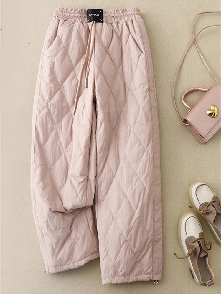 Modische dünne Daunen-Baumwollhose für Damen, Winter-Oberbekleidung, lässige Rhombus-Hose mit geradem, weitem Bein für Damen