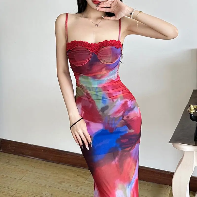 

Women's High Waist Printed Street Style Suspender Dress with Butt 100% Polyester Fiber Sleeveless Casual Dress