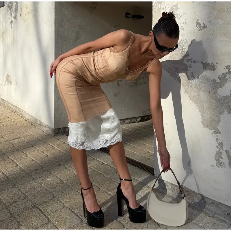 Sheer Mesh Overlay Spaghetti Strap Midi Dress Set Waist Cinched Sleeveless 2026 Summer Women Accessories Classy Lady Outfit