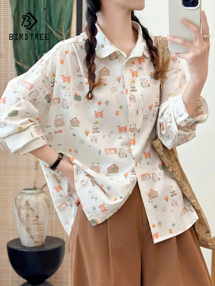 

New 2025 Autumn Cotton Long Sleeve Shirt, Women Turn-down Collar Cute Print, Mori Girl Sweet Preppy Style Loose Blouse T59720CC