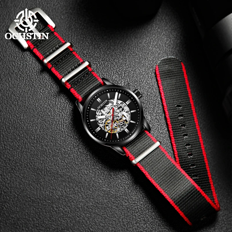 OCHSTIN Skeleton Mechanical Movement Creative Nylon Collection Men’s Waterproof Nylon Strap Dasily Waterproof Luxury Watches