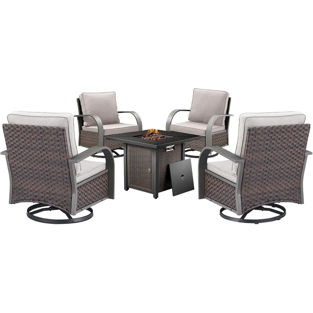 

Patio Furniture Set with Fire Pit: 4 Swivel Chairs for Outdoor Garden, Poolside, Backyard - Brown/Beige