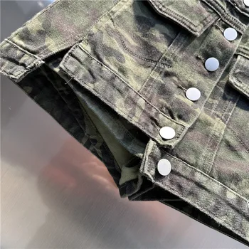 American Single Breasted Camouflage Denim Skirt Women 2024 Summer Asymmetry A Line Hip Wrapped Mini Skirt Street Fashion 3