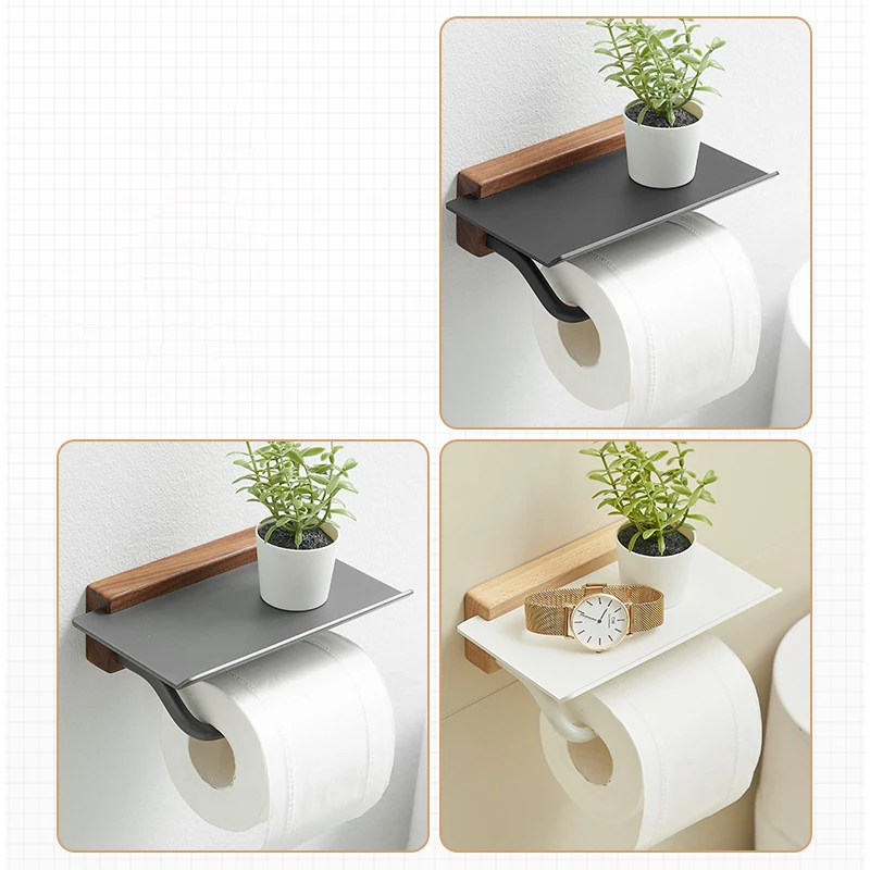 Wood Toilet Paper Holder Bathroom Wall Mount WC Paper Phone Holder Shelf Towel Roll shelf Accessories Roll Holder