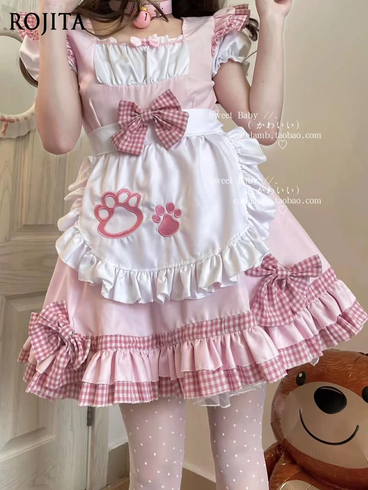 

Black Cat Girl Original Japanese Style Dress for Women Spring Summer Dress Soft Girl Cute Cat Plaid Patchwork Maid Outfit
