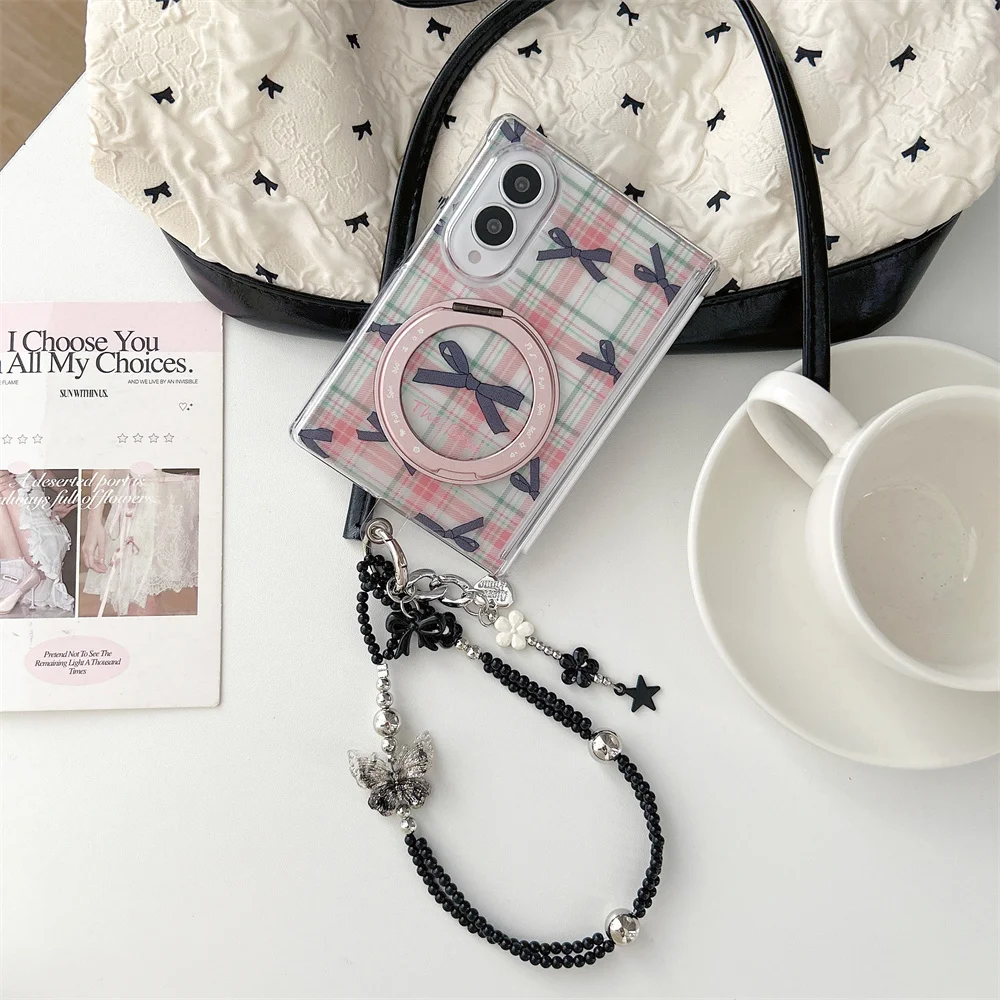 Korean Lines black bowknot Cute Magnetic Phone Case For Samsung Galaxy Z Fold 8 Ultra Z Fold8 Cover with Ring Cute Cases Funda