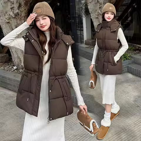 Women's Waistcoat United States Solid Zipper Pocket Cotton Padded Jacket Vest Fashion Stand Collar Temperament Commuter Coats