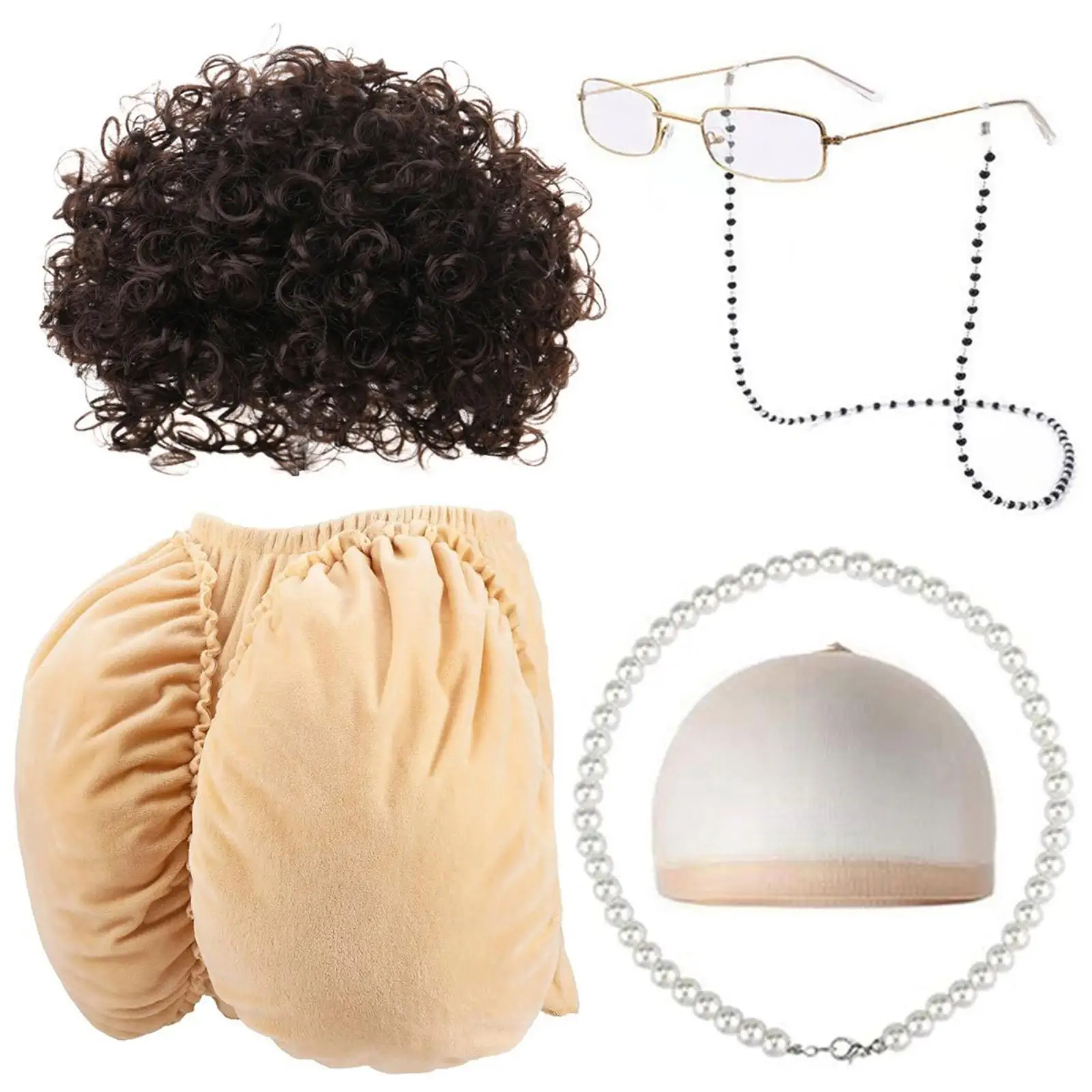 Dress Up Old Lady Costume Kit Curly Grey Wig Padded Hip Piece Beaded Eyeglass Chain Glasses for Halloween Role Play