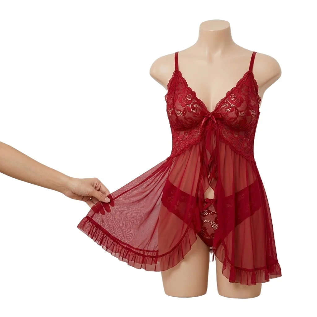 2 Pcs Lace Nightgown Women Deep V Neck Bra Panties Set Transparent Underwear Solid Slim Soft Split Nightdress Lingerie Sets