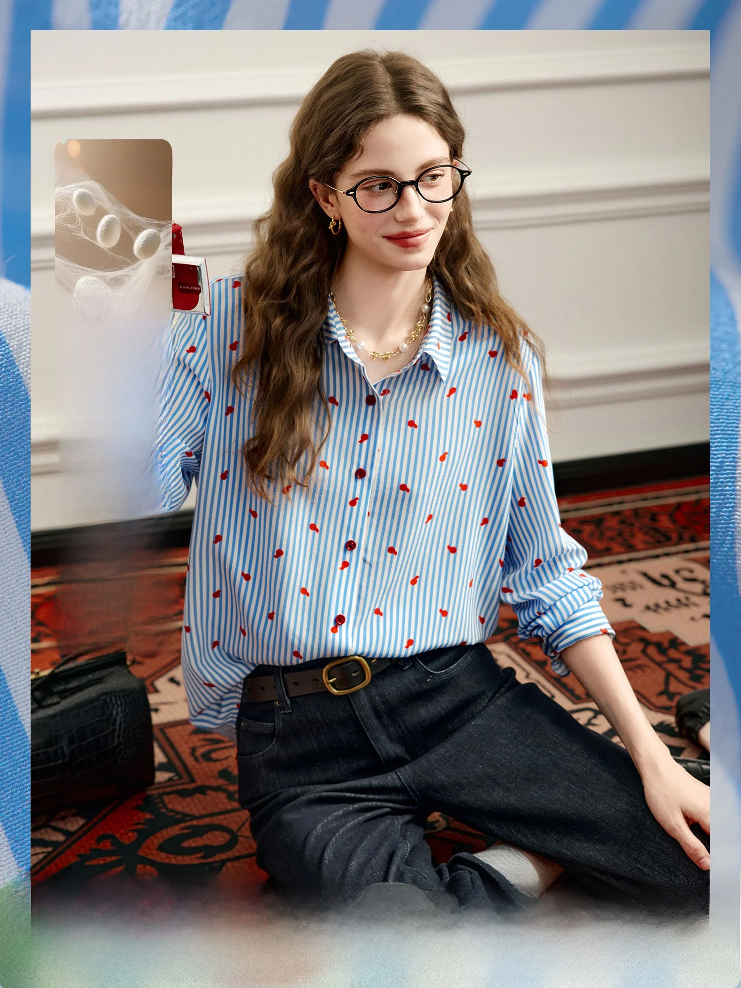 

Blue Stripe Poem Silk irt Women's Loose Long Sve Printed Spring 2026 Commute Sle Comfortable Breathable Fem Faion