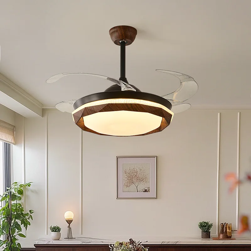 Retro Vintage Walnut Grain Fan Light for Dining Room Ceiling Fan Light with French Cream Style Invisible Design for Living