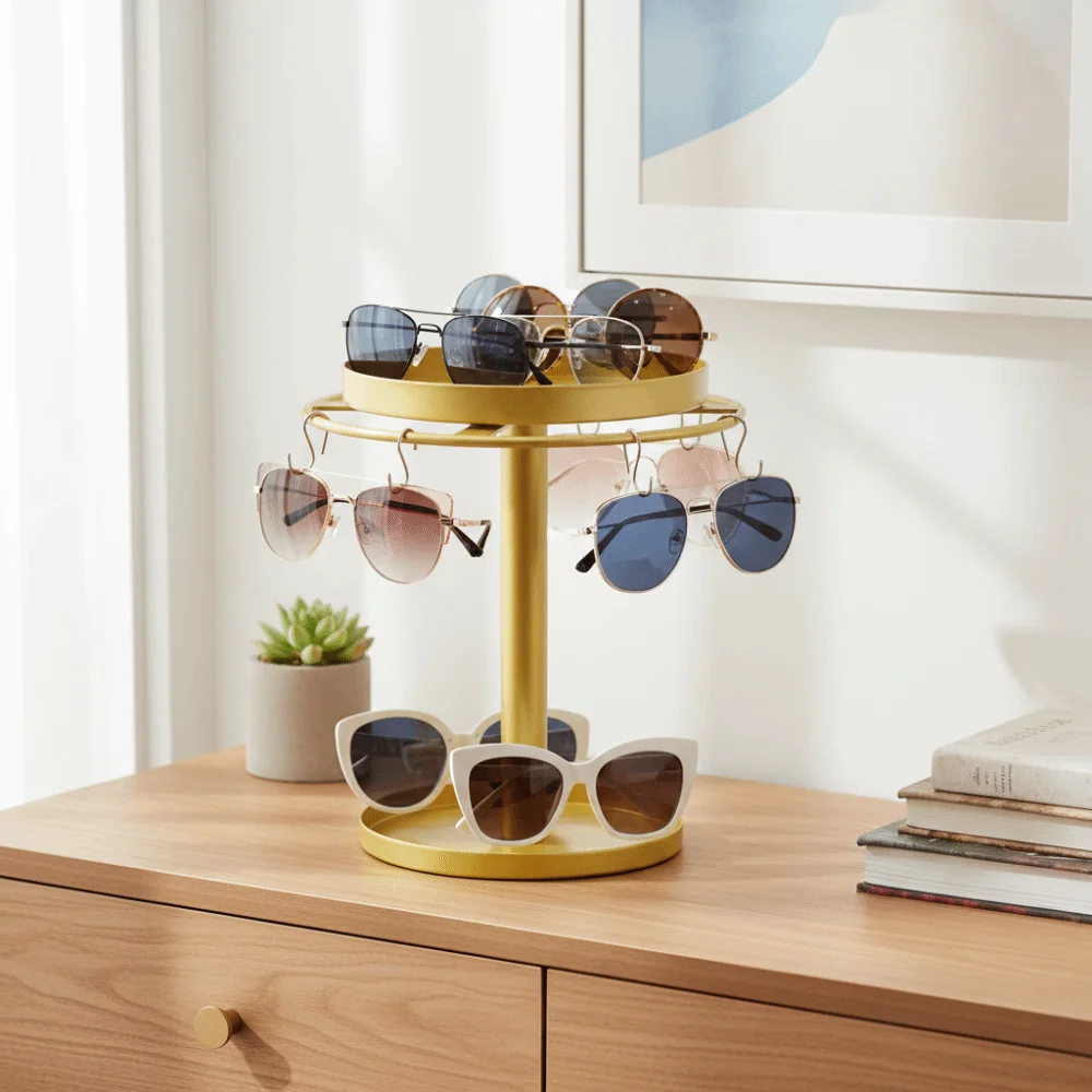

Metal Organizers Sunglasses Rack Stainless Steel Removable Tray Eyewear Display Sleek Design 360° Rotating Glasses Stand