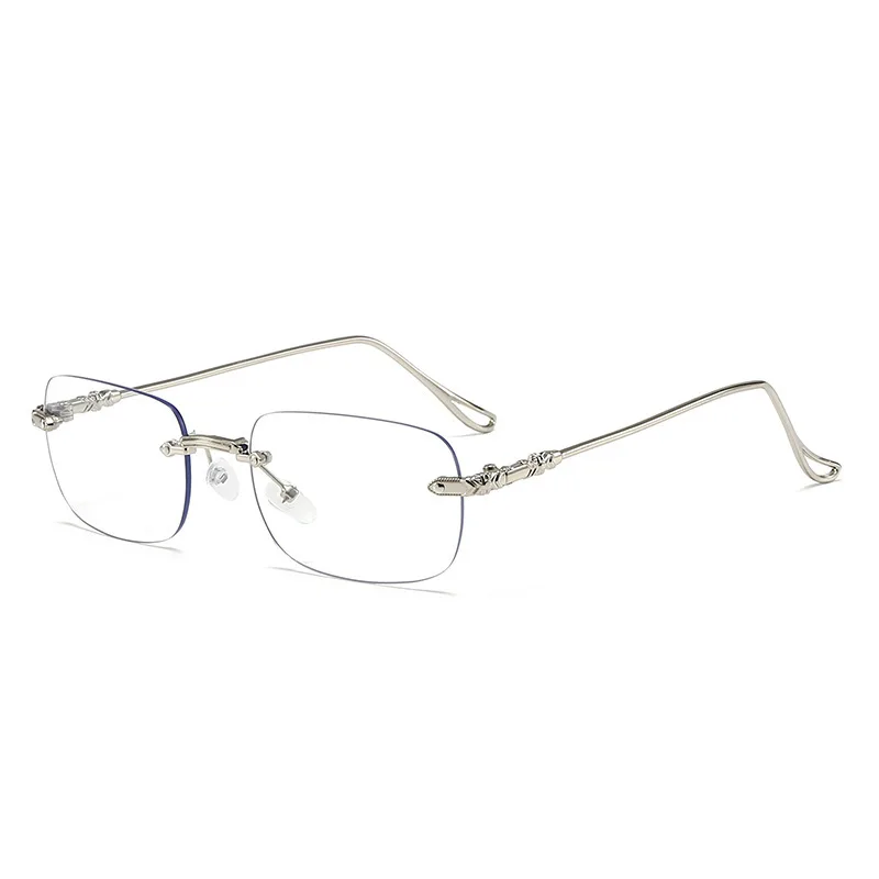 Unisex Rimless Anti Blue Light Glasses Silver Carved Metal Frame Rectangle Lens Office Computer Eyeglasses