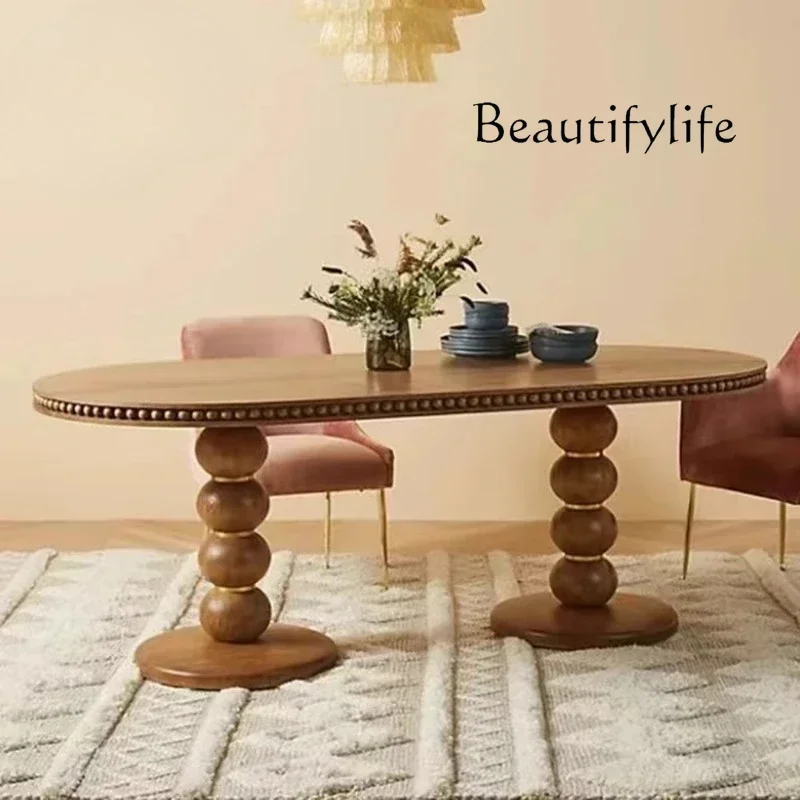 

American rural retro solid wood dining table Roman column oval coffee table carving multi-person design dining table B & B