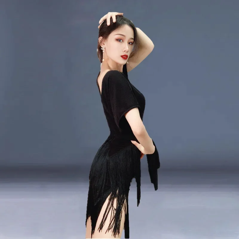 Black Latin Dance Dress Female Adult Slimming Loose Short-sleeved Training Dress High-grade One-piece Fringe Skirt Dance Dress