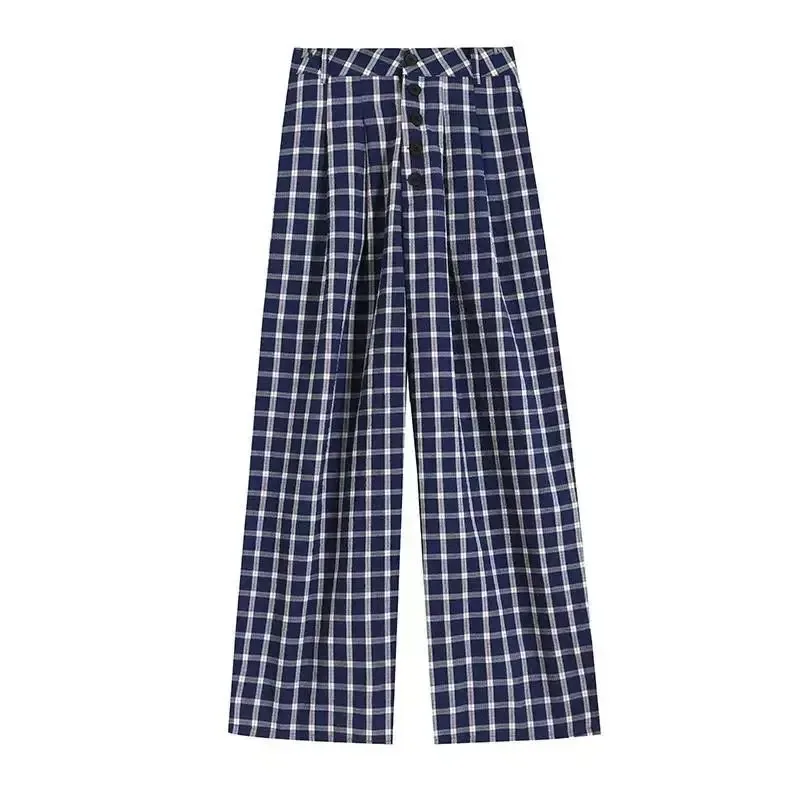 2025 New Spring Retro Blue Plaid Button Pants Women High Waisted Casual Female Students Loose Niche Floor Length Wide Leg Pants