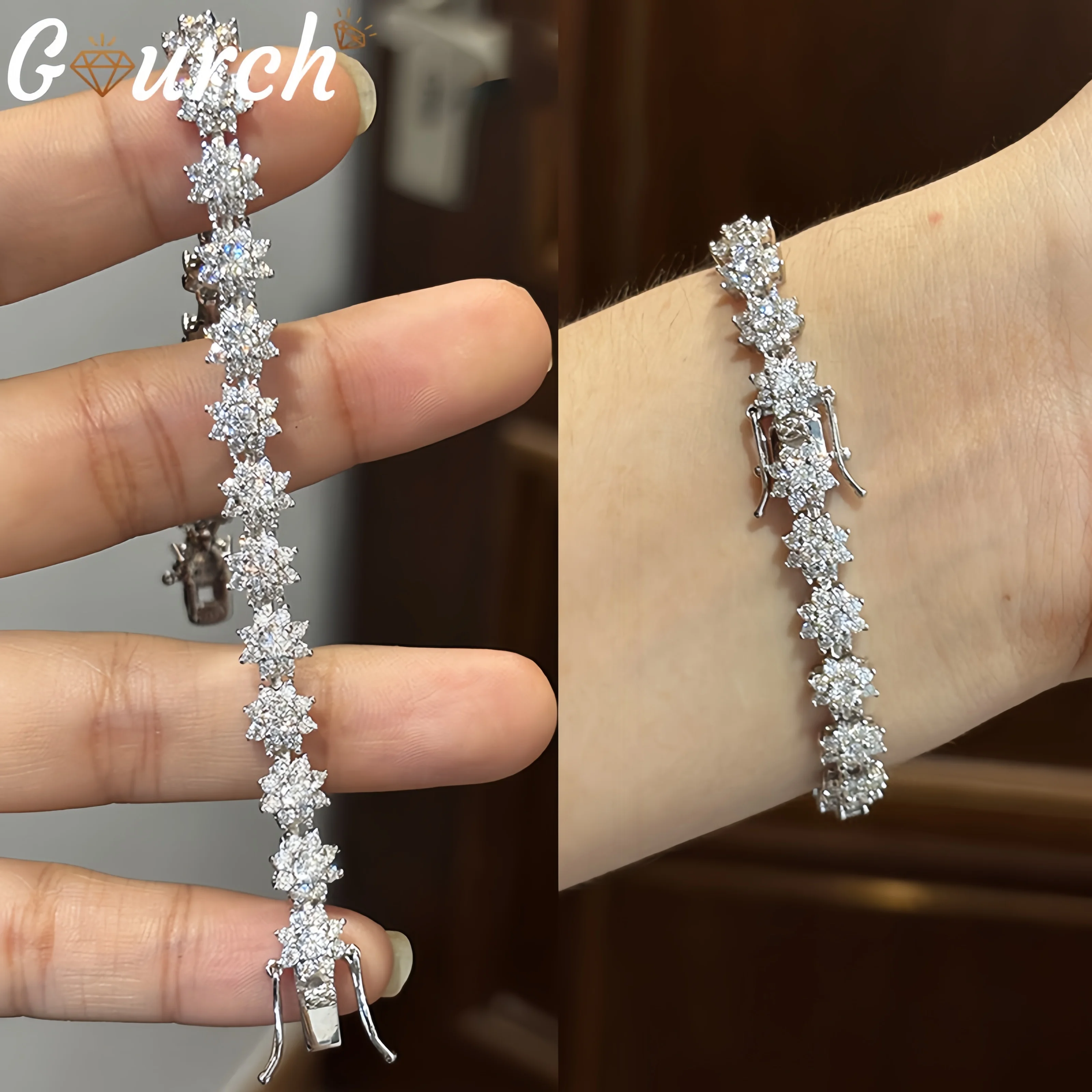 

Gourch Eight-Pointed Star Moissanite Bracelet for Women S925 Sterling Silver Full Tennis Chain Unique Luxury Party Jewelry Gift