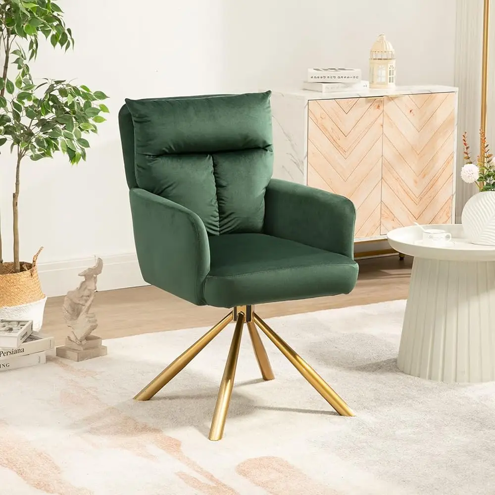 Silla de escritorio sin ruedas 180 ° Silla giratoria de tocador de maquillaje con patas doradas, silla entrecruzada ergonómica para dormitorio, sala de estar, hogar