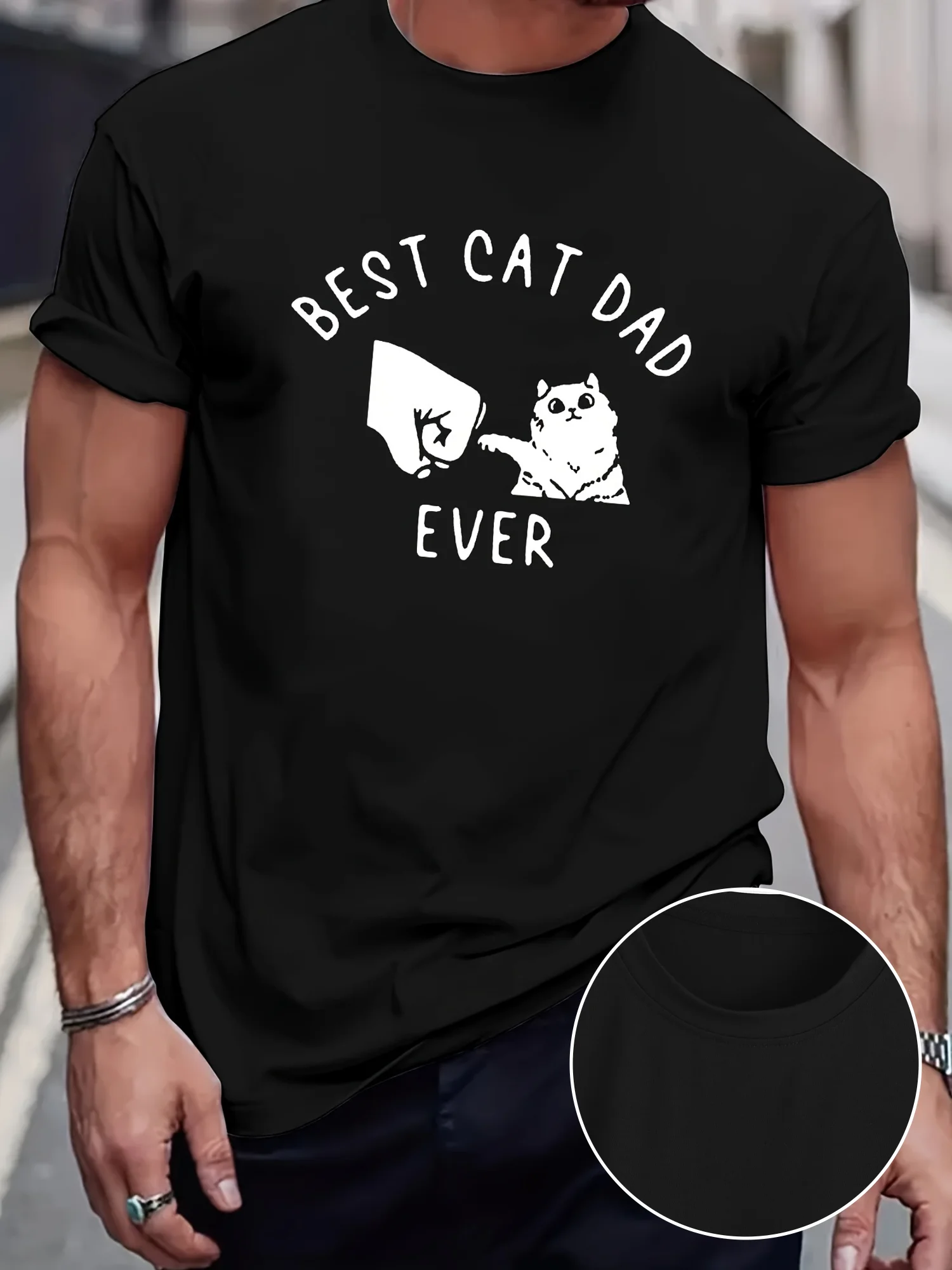 Best Cat Dad Ever Print Men's Trendy Short Sleeve T-shirts, Comfy Casual Breathable Tops For Men's Fitness Training