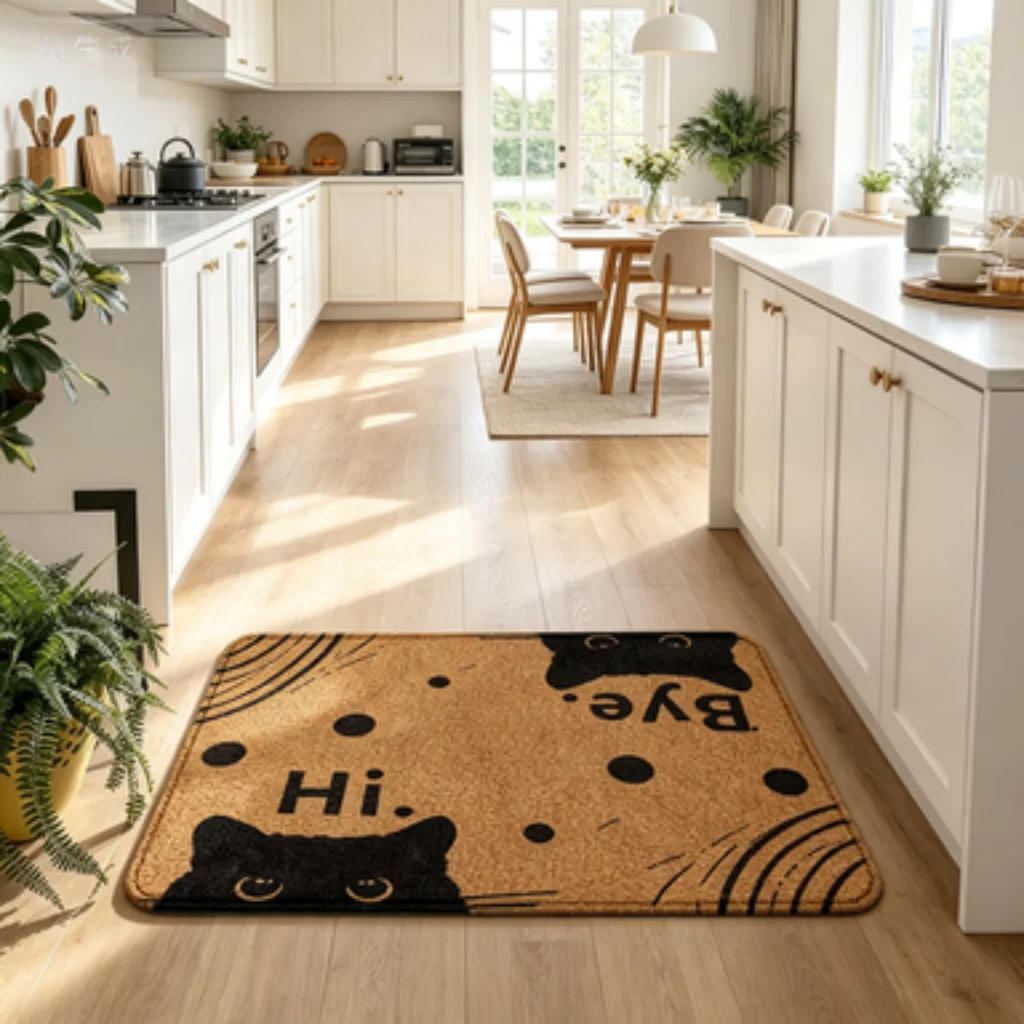 Black Cat Hi Bye Mat, Line Art Cat Greeting Mat, Sketch Cat English Runner, Minimalist Clover Cat Door Mat.