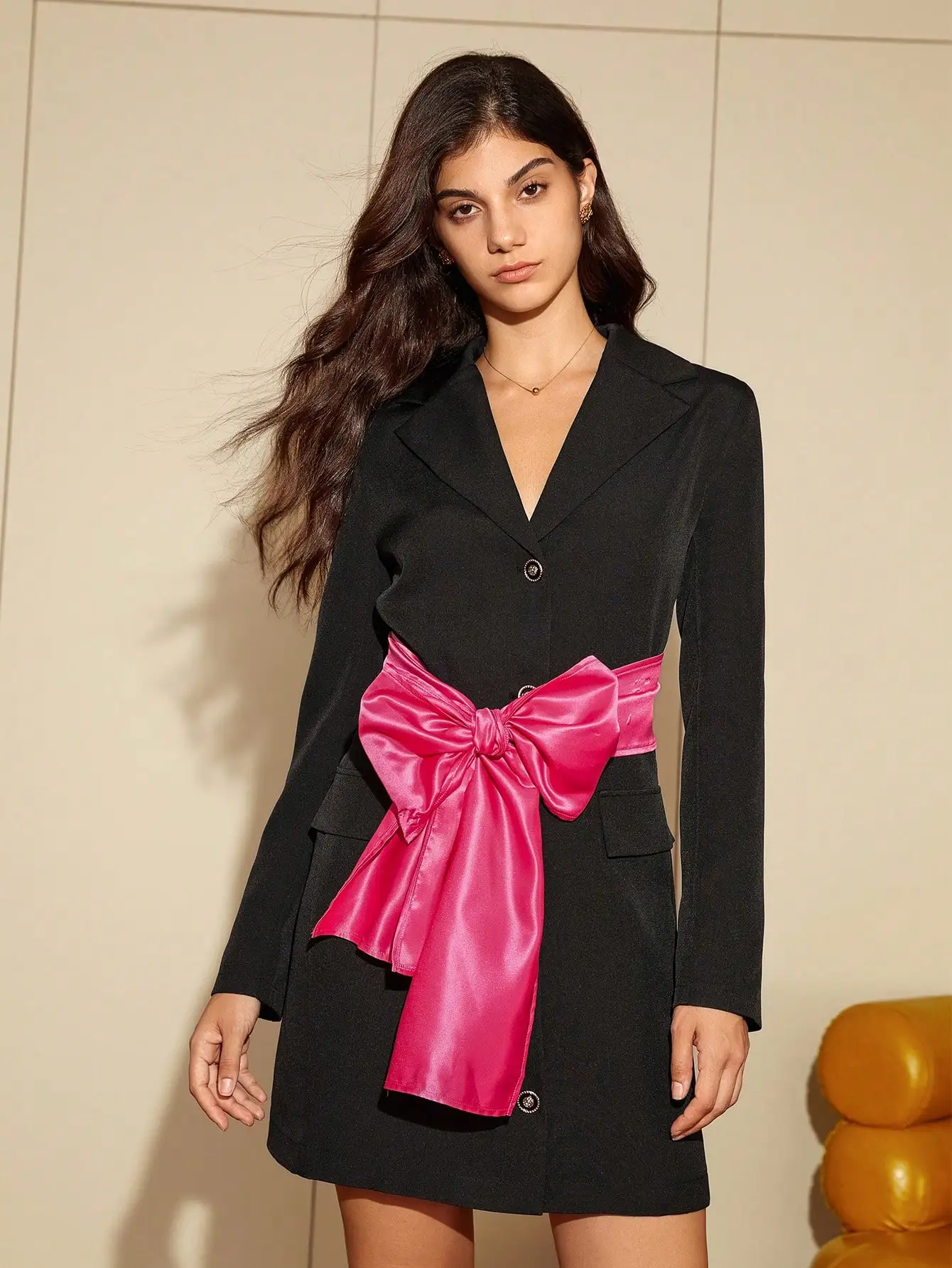 AEL Lady Black suit dress Big pink bow decorated dress Annual Party dress temperament light luxury small dress