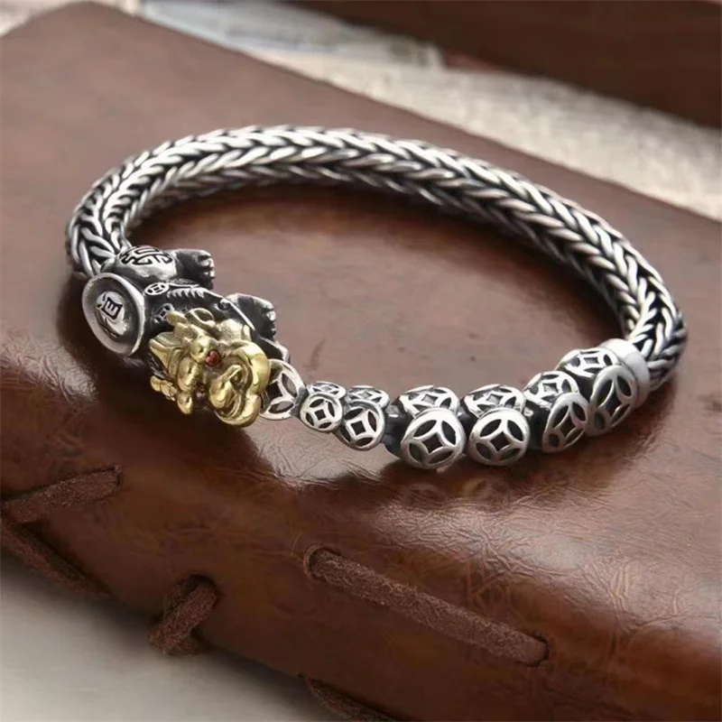 

Domineering Tiger S925 Silver Bracelet Men's Trend Personality Retro Silver Chain Tiger Head Can Be Turned; Luxury Birthday Gift