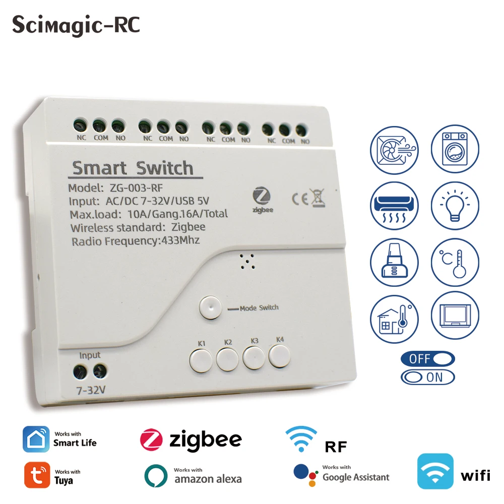 

1/2/4 канала. Модуль интеллектуального выключателя света Zigbee 5/12/32/110V RF433 приемник 10A реле Работа с Alexa Google Assistant Tuya Smart Life