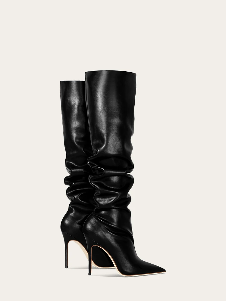 Women Knee High Boots Pointed Toe Matte Black Leather Stacked Fold Chunky Heel Boots