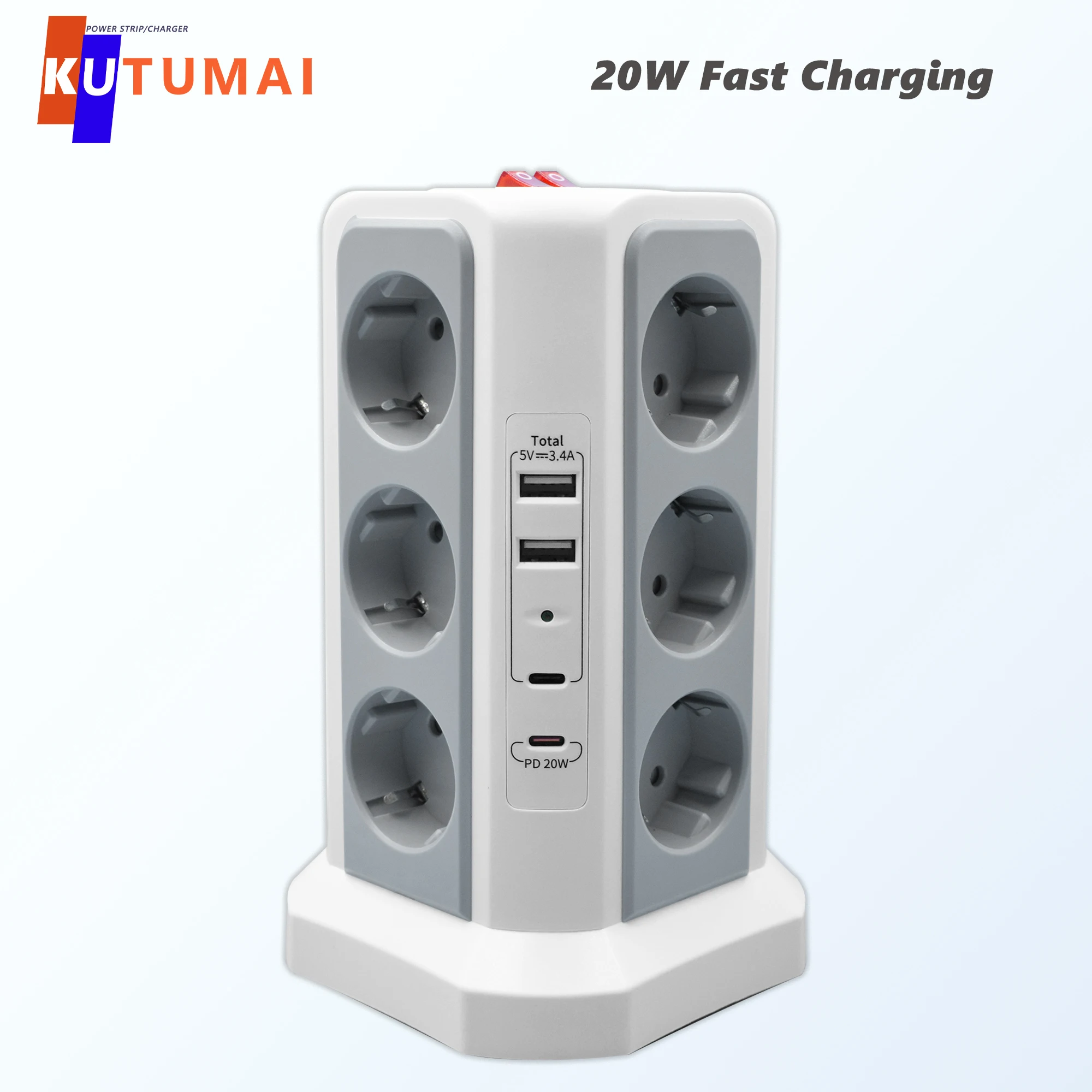 Tower Power Strip Multi Electric Socket 12 Outlets 4USB Ports Vertical EU 5.9FT Extension Surge Protection PD 20W Fast Charging